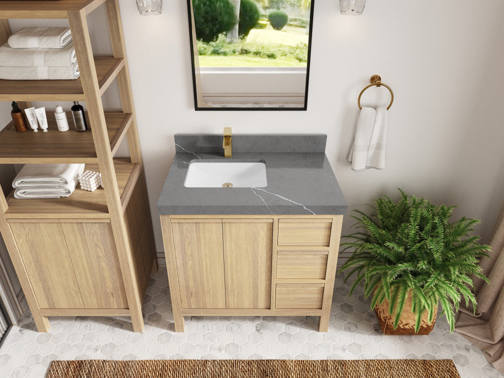 Elizabeth Oak 36" Left Offset Sink Vanity, White 2" Piatra Gray