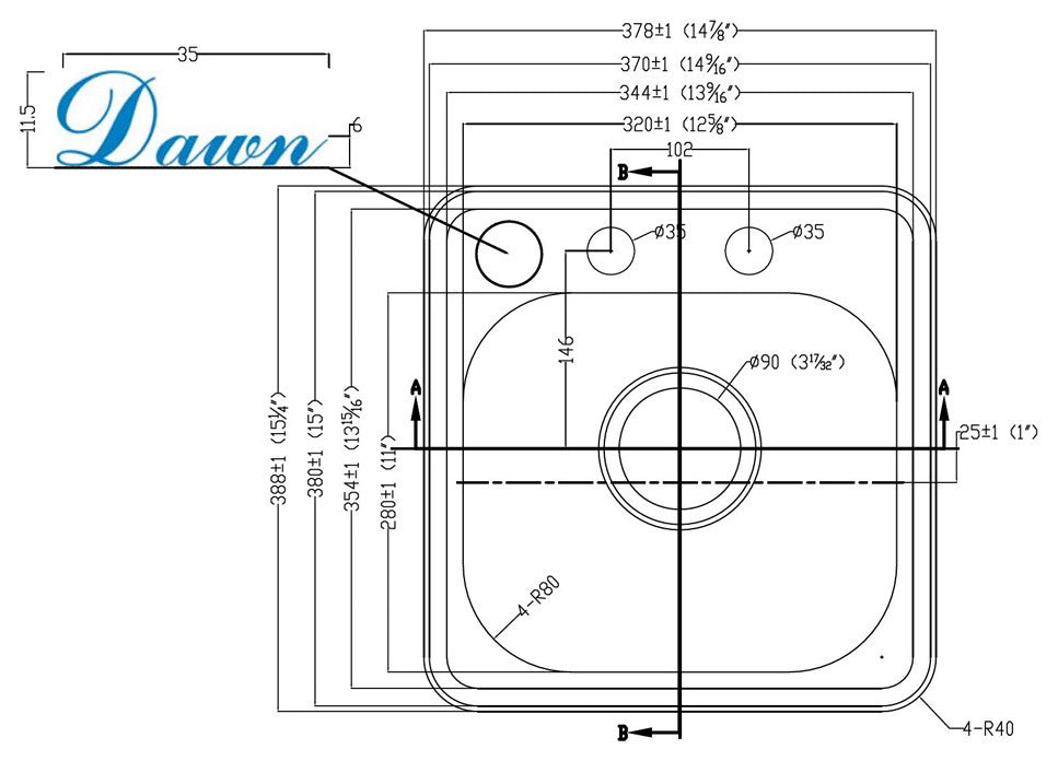 Dawn Top Mount Single Bowl Bar Sink With 2 Holes
