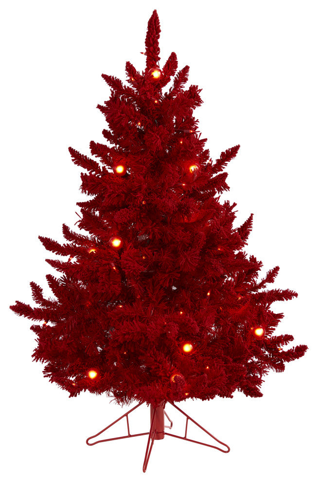 4' Red Flocked Fraser Fir Faux Xmas Tree W/Red Lights, Bulbs & Bendable Branches