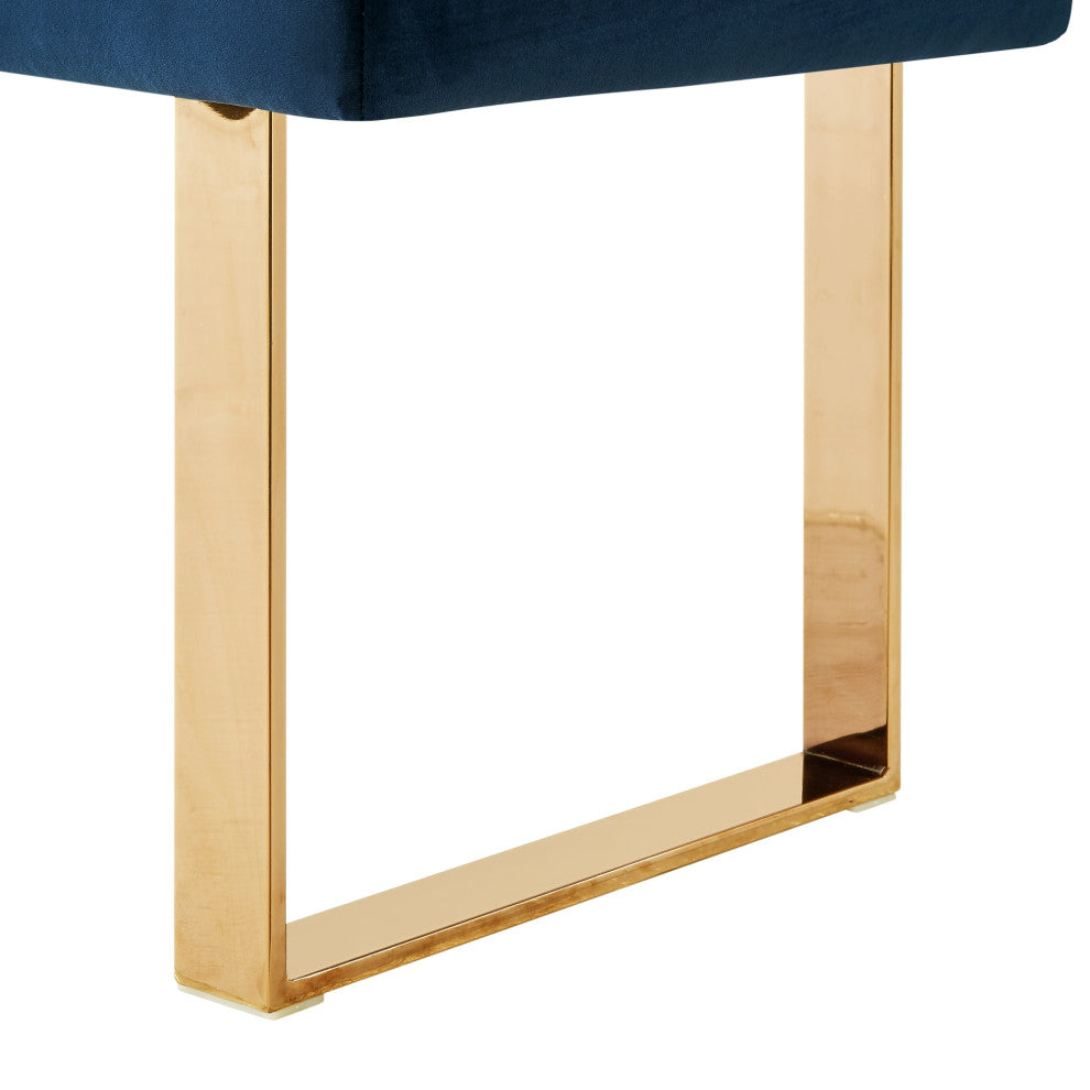 Dolores Velvet Button Tufted Square Leg Bench, Navy With Gold Base