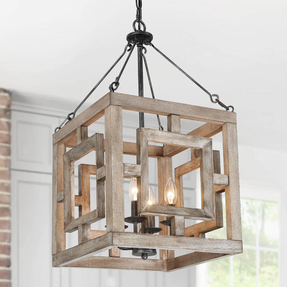 4-Lights Bruched Farmhouse and White Wood Chandelier For Living Room