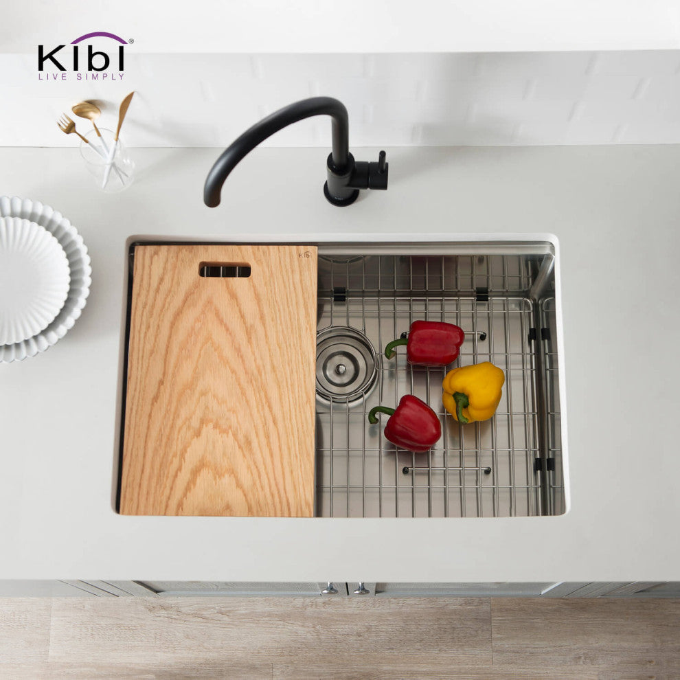 KIBI Undermount Single Bowl Workstation Sink, Stainless Steel 28"