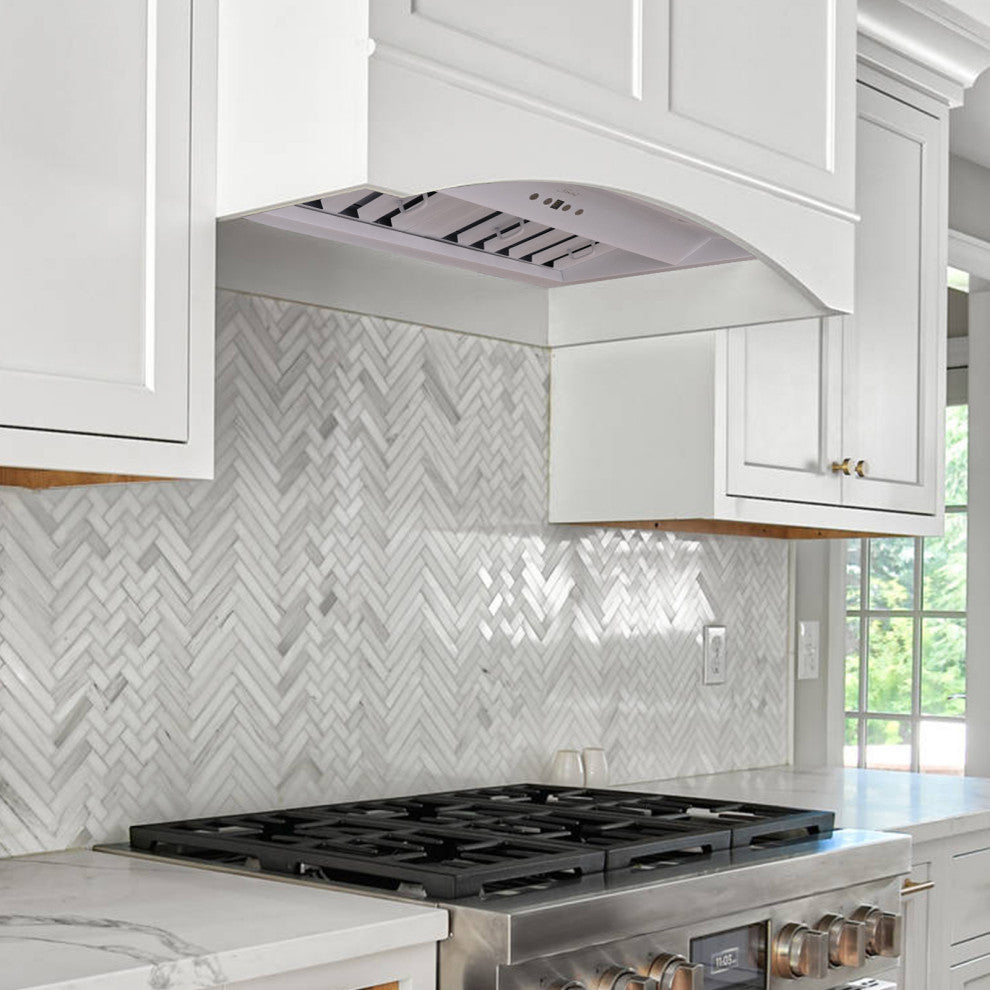 30" Insert/Built-in Satin White Range Hood, Dimmable, 3-Speeds 600CFM, Warm White Light, Satin White & Gold