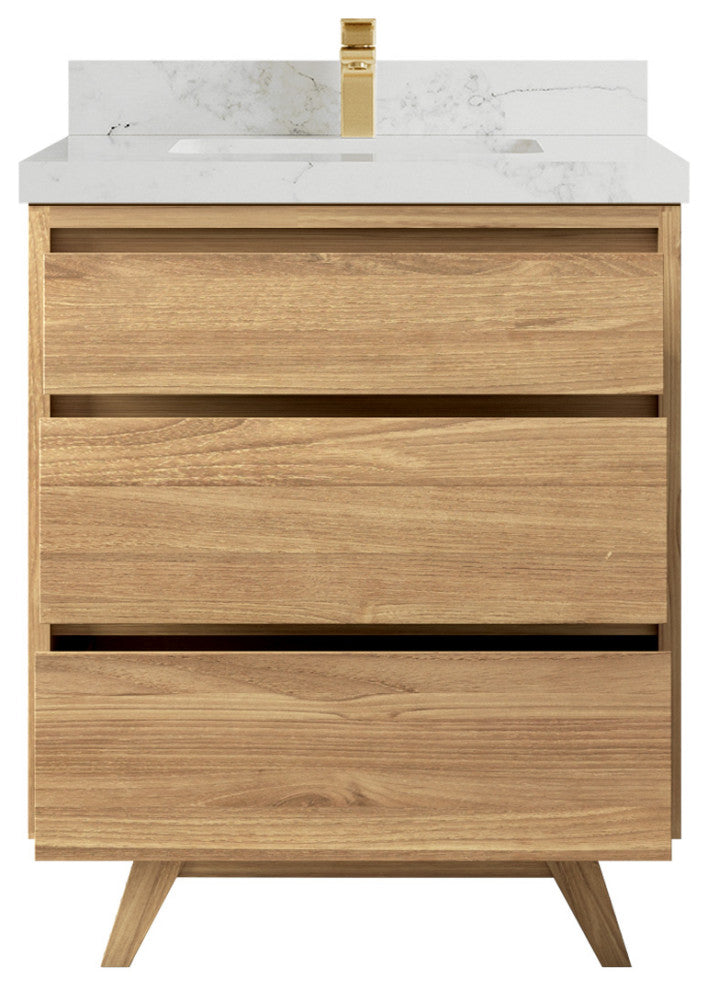 Madison Teak 30 Single Sink Bath Vanity in Light Natural 2" Calacatta Nuvo