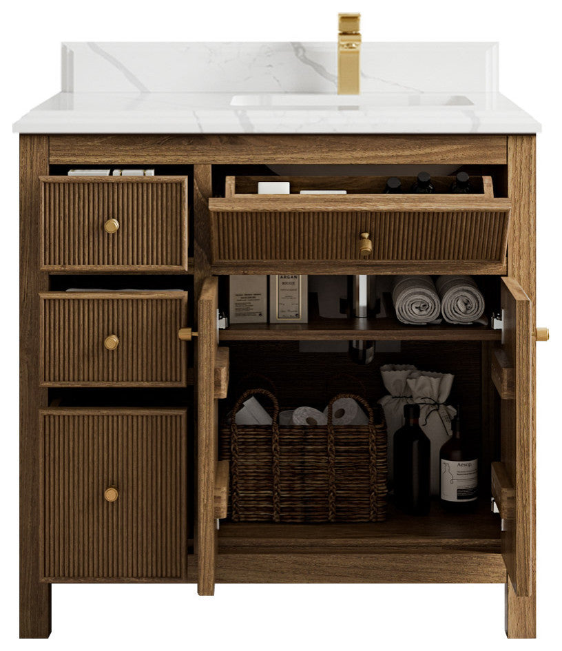 Sonoma Teak 36 Right Offset Bath Vanity in Dark Natural with 1.5" Calacatta Laza