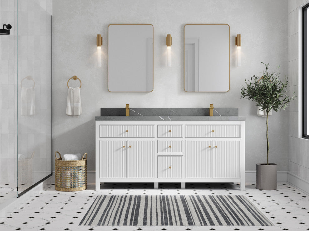 Sonoma 72 Double Sink Reeded Bath Vanity in White 2" Piatra Gray