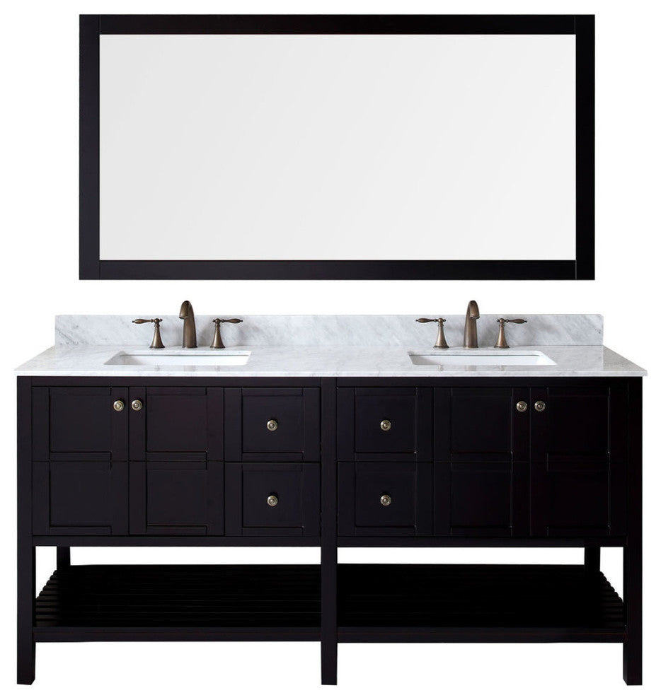Virtu Winterfell 72" Double Bathroom Vanity, Espresso With Faucet and Mirror