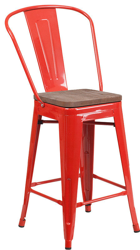 24" High Red Metal Counter Height Stool With Back and Wood Seat