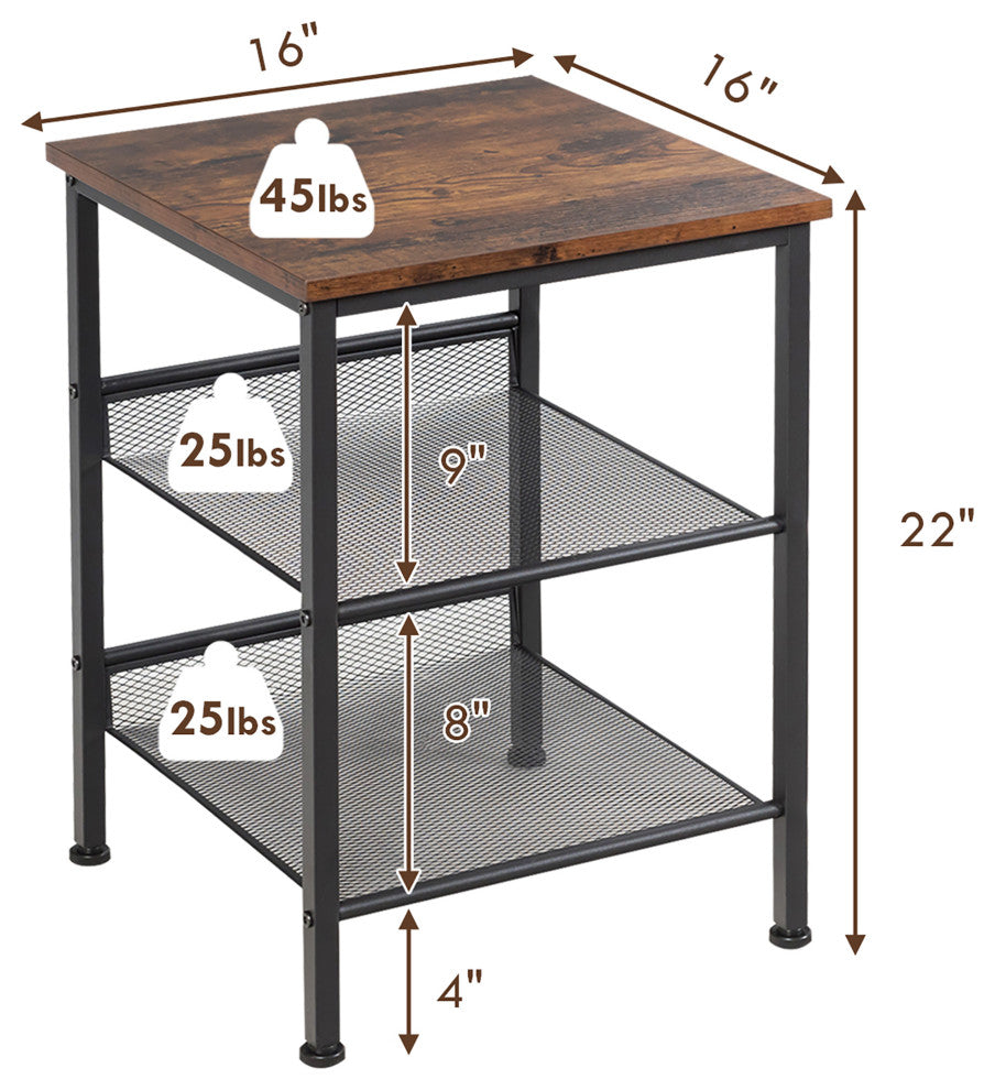 3-Tier Industrial End Side Table Nightstand W/2 Adjustable Shelves Rustic Brown