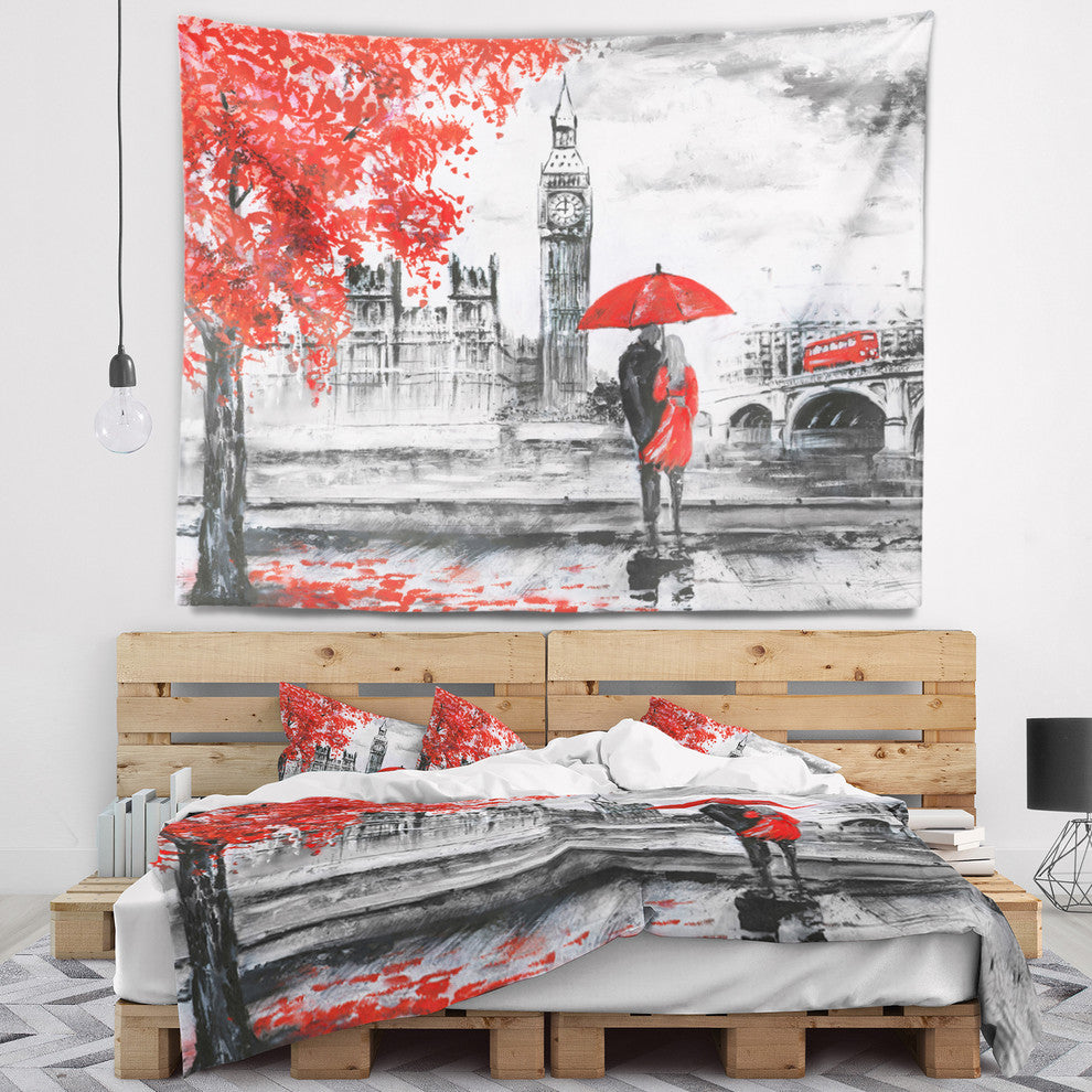 Couples Walking in Paris Landscape Wall Tapestry, 92"x78"
