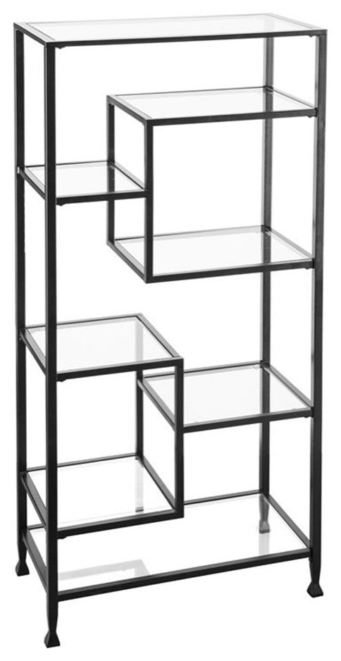 Maklaine Modern designed Metal and Glass Etagere in Black Finish