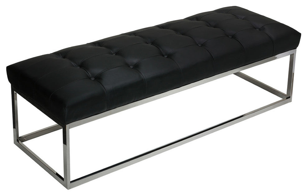 Biago Contemporary Oversized Tufted Long Bench, Black Leather Like Vinyl