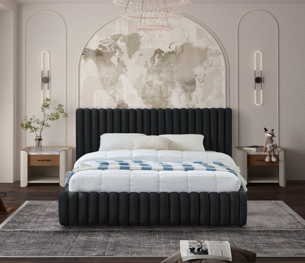Nico Black Velvet Upholstered Bed, Black, Queen