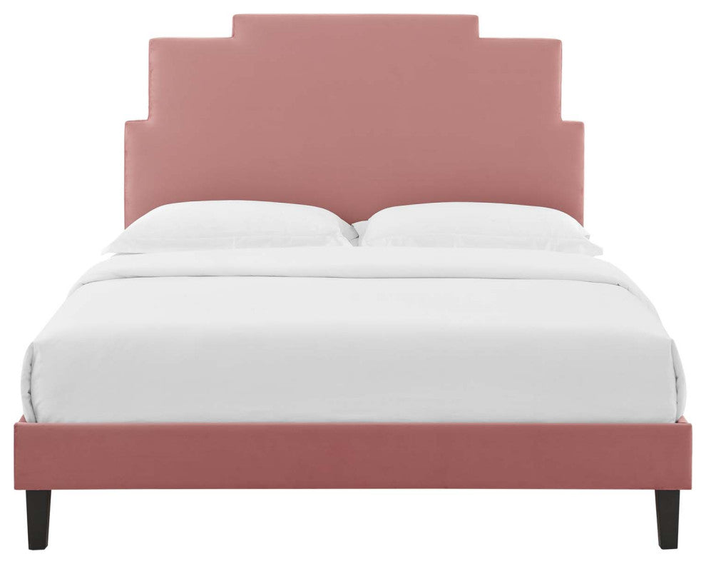 Platform Bed Frame, King Size, Velvet, Pink, Modern Contemporary, Bedroom Master