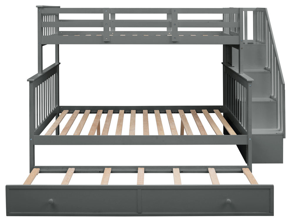 Gewnee Wood Twin-Over-Full Bunk Bed with Trundle and Stairway, Gray