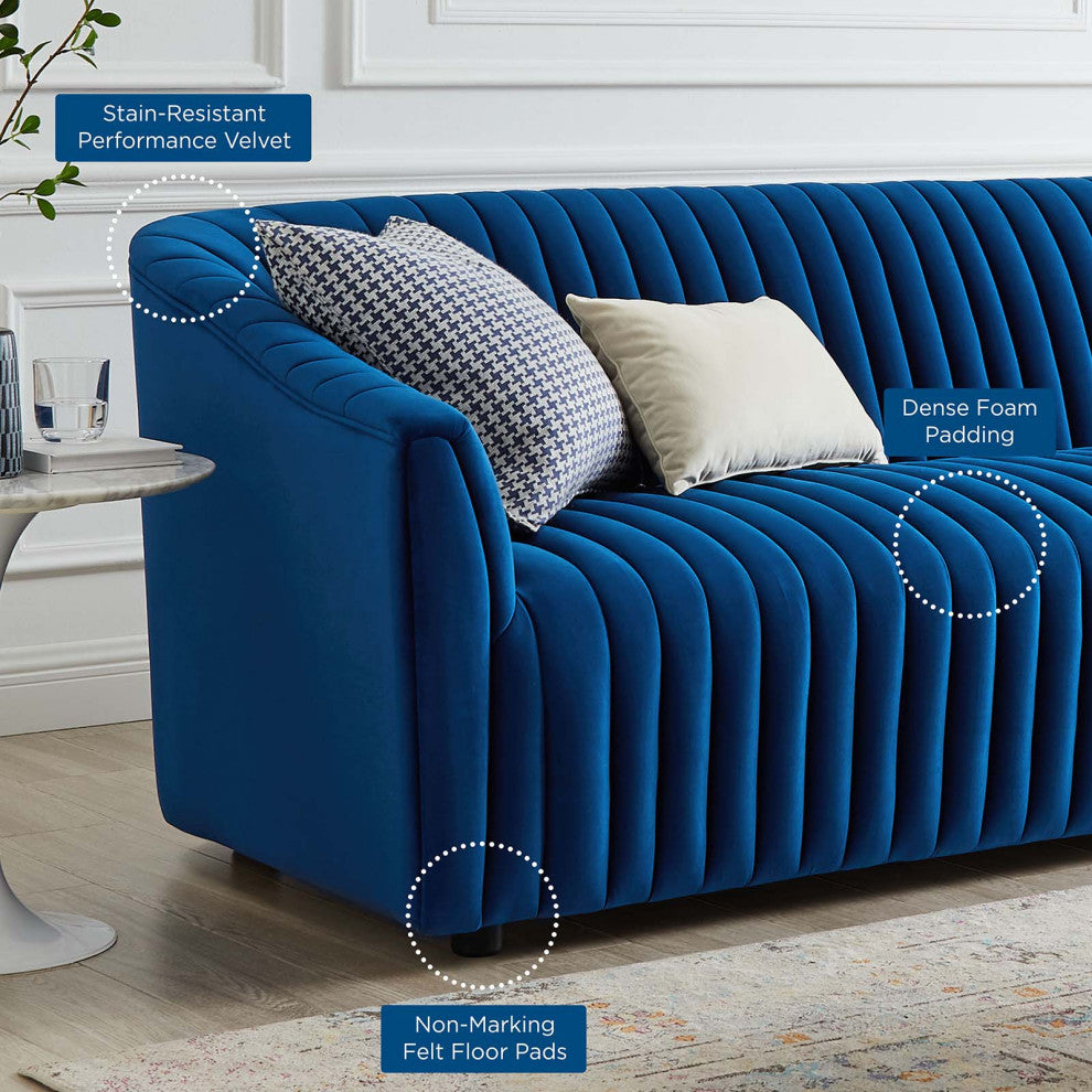 Tufted Sofa, Blue Navy, Velvet, Modern, Mid Century Hotel Lounge Cafe Lobby
