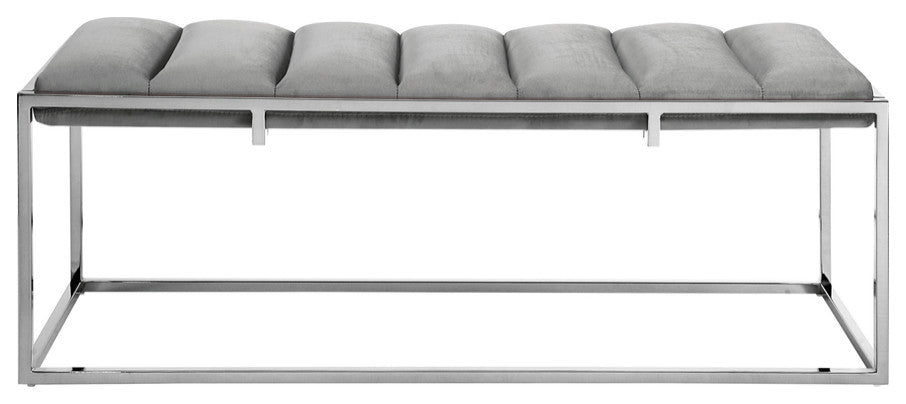 50" Gray And Silver Upholstered Velvet Bench