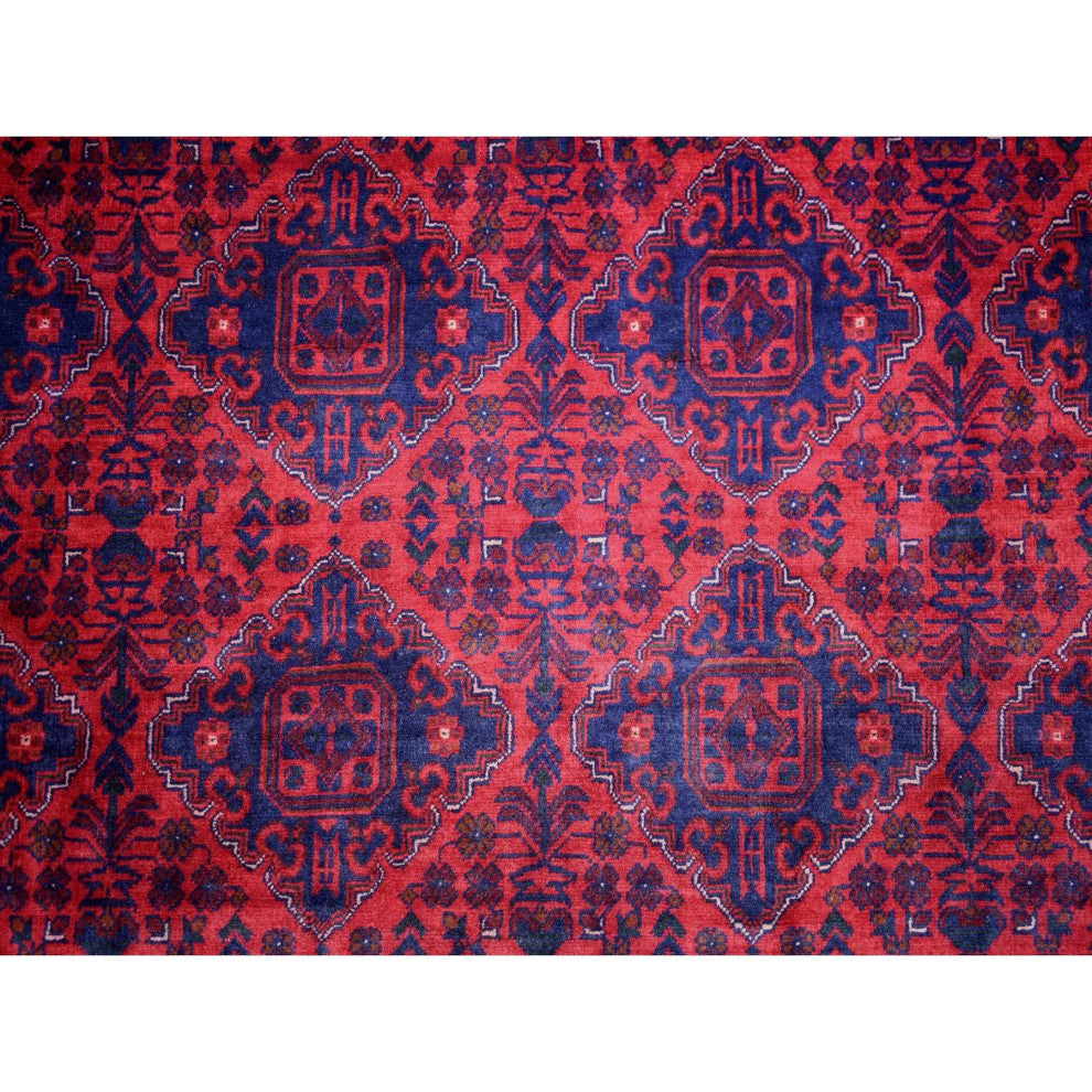 Deep and Saturated Red, Hand Knotted Afghan Khamyab Pure Wool Rug, 9'7"x12'9"
