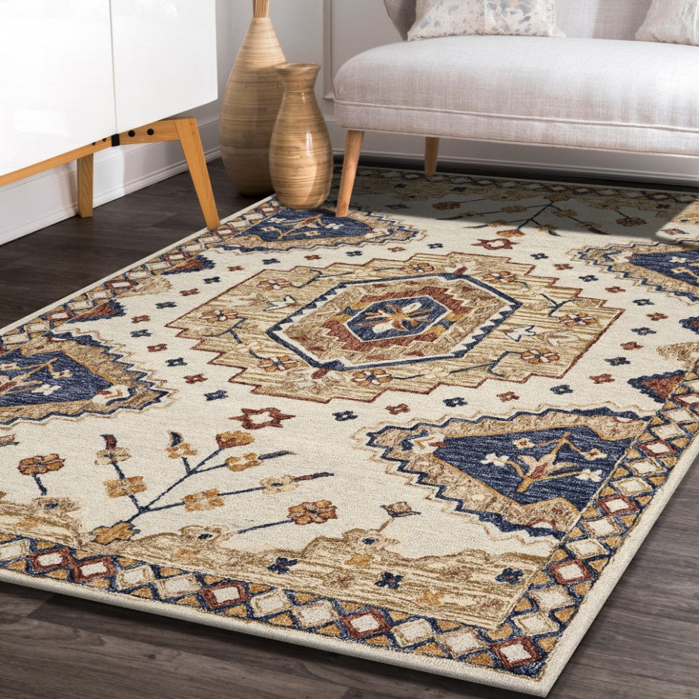 5" x 7' Gold and Blue Boho Chic Area Rug