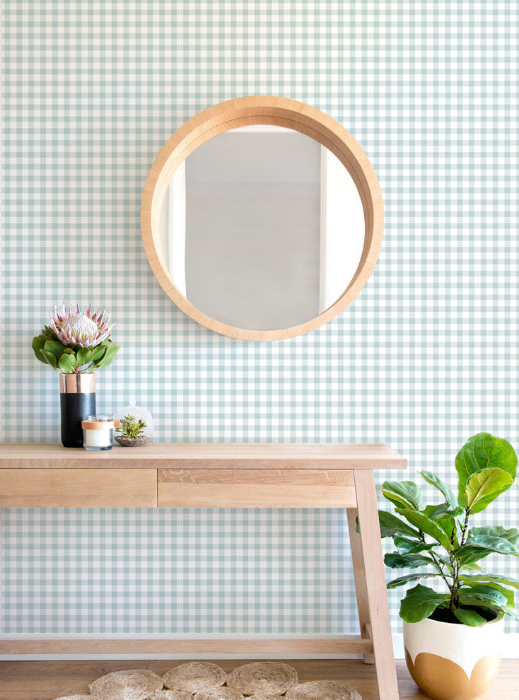 Gingham Check Pattern Peel and Stick Vinyl Wallpaper, Dusky Blue, 24"w X 108"h