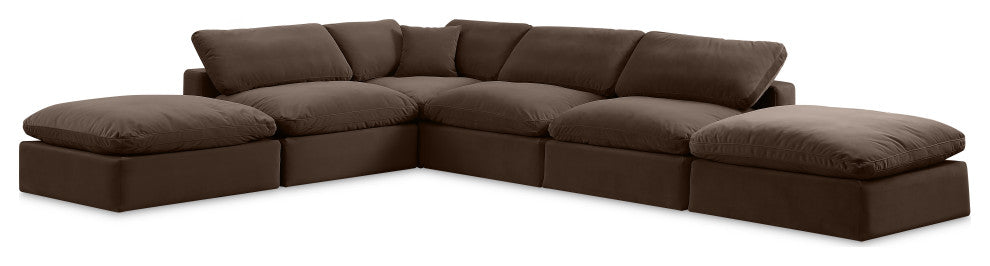 Comfy Upholstered L-Shaped Modular Sectional, Brown, 6-Piece: 3 Armless Chair, 1 Corner Chair, 2 Ottoman, Velvet