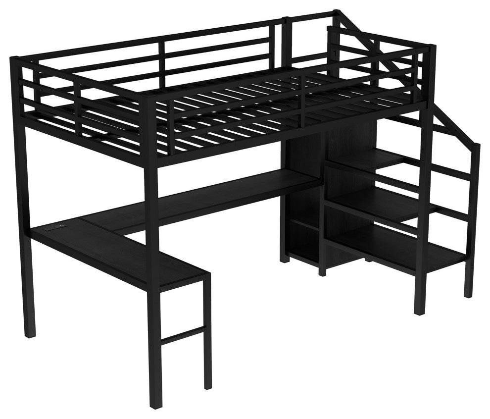 Gewnee Full Size Loft Bed with L-shaped Desk and USB