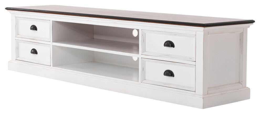 71" Distressed White and Brown Wood Entertainment Unit With Four Drawers