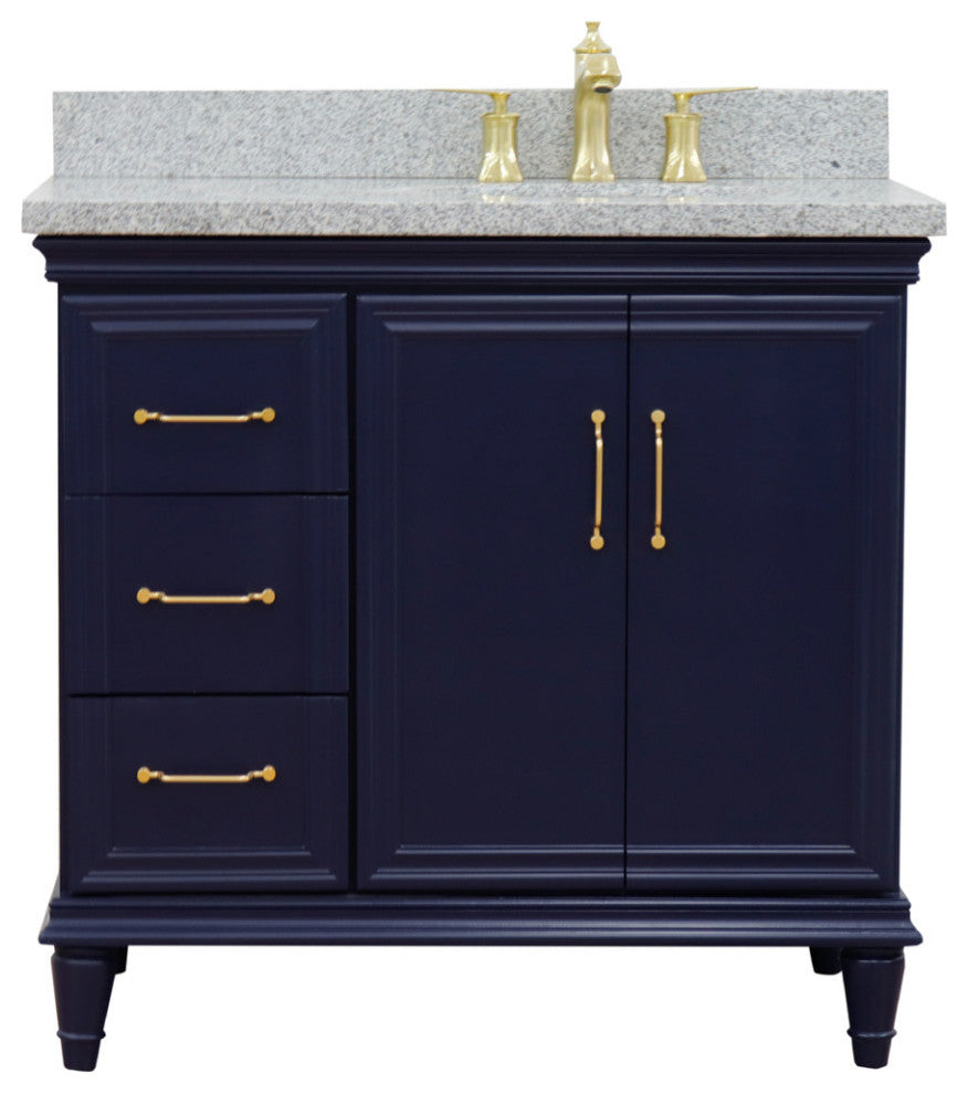 37" Single Vanity, Blue Finish With Gray Granite