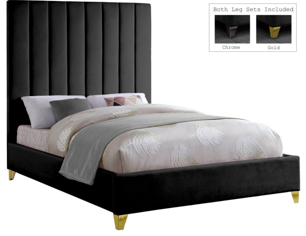 Via Velvet Upholstered Bed, Black, Queen