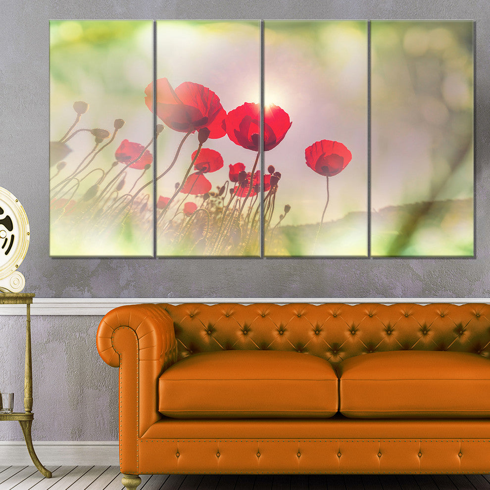 Wild Red Poppy Flowers, Floral Canvas Art Print, 48"x28", 4 Panels