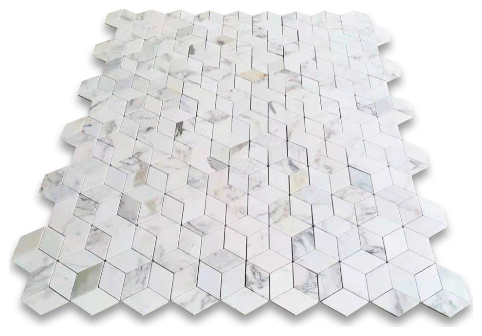 Calacatta Gold Marble Illusion 3D Cube Rhombus Diamond Hex Tile Honed, 1 sheet