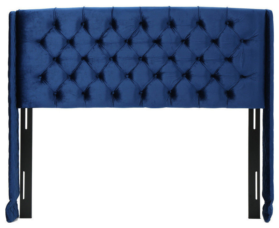 GDF Studio Lidia Wingback Queen/Full Tufted Fabric Headboard, Navy Blue