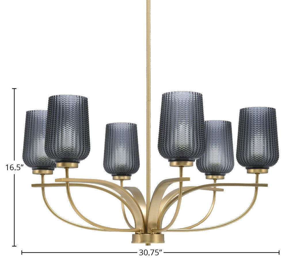Cavella 6-Light Chandelier, New Age Brass, 5" Smoke Textured Glass