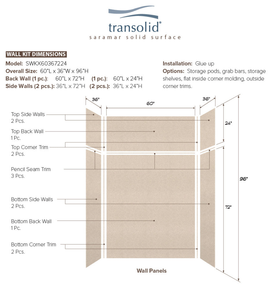 Transolid SaraMar 60"x36"x96" 6-Piece Shower Wall Kit, Cashew Velvet