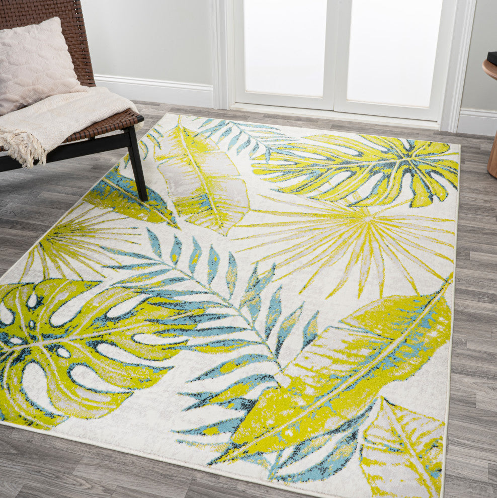 Monstera Tropical Leaves Ivory/Green 8'x10' Area Rug