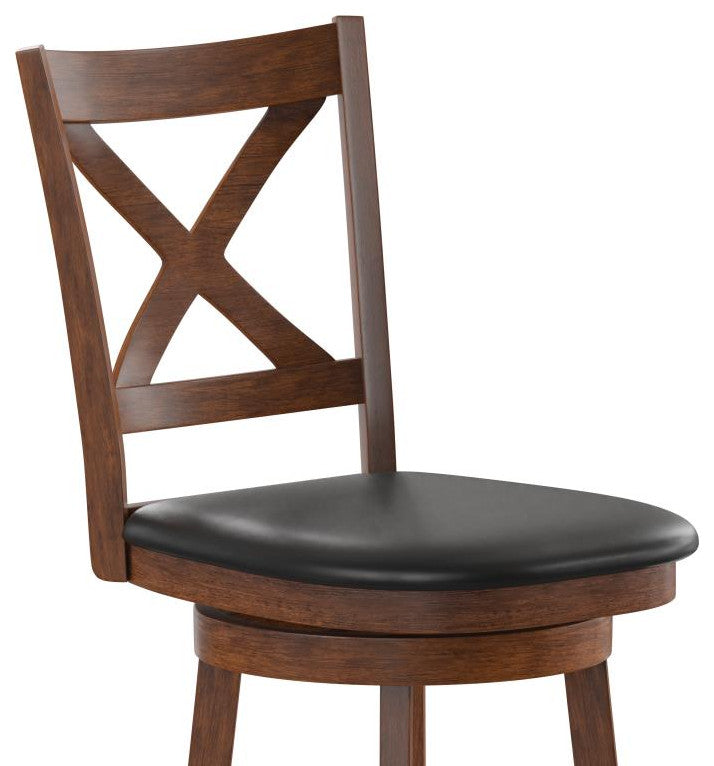 Felicity Wood Crossback Swivel Bar Height Barstool with Upholstered Seat, Black Vinyl/Antique Oak Frame