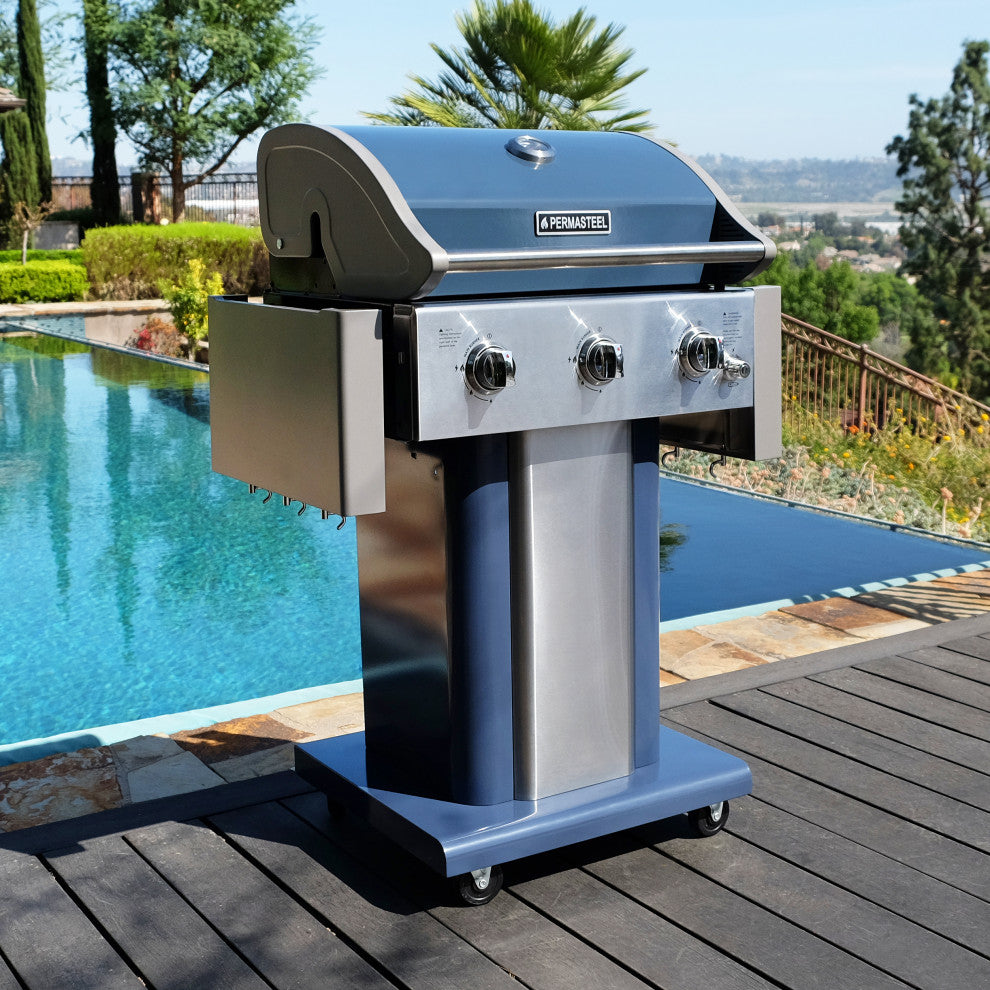 Permasteel 3 Burner Propane Gas Grill with Folding Side Shelves, Azure