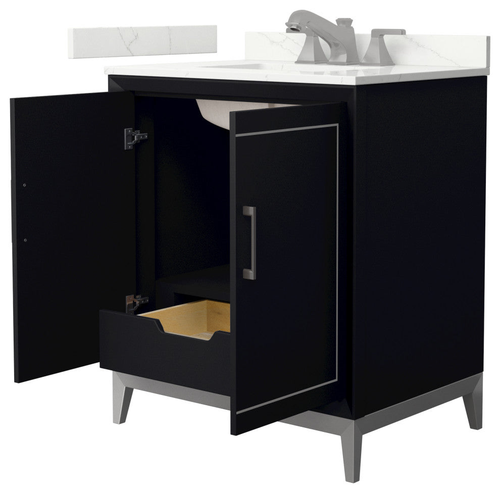 Marlena 30" Black Single Vanity, Quartz Top, 3-Hole, Nickel Trim