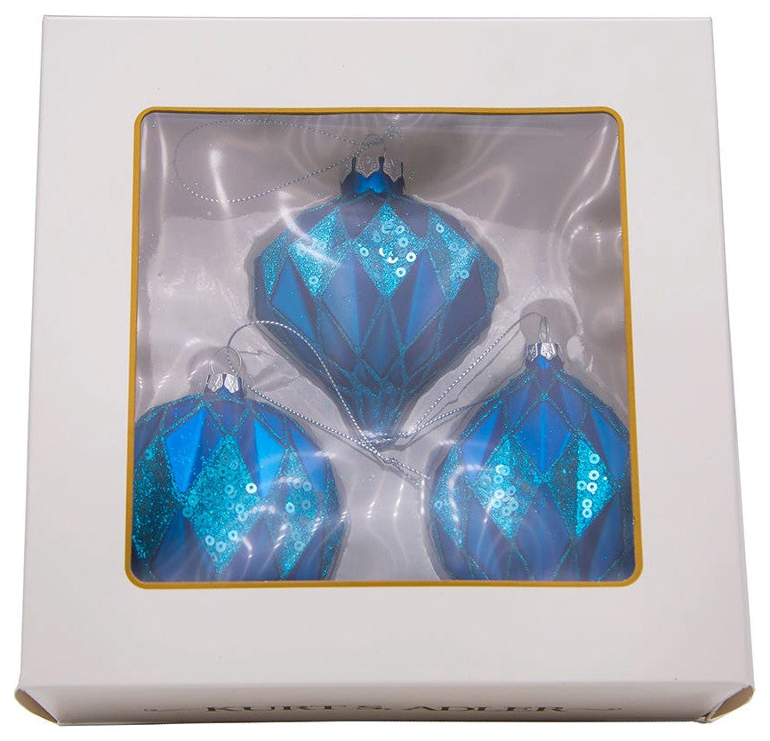 Kurt Adler 80MM Glittered, Sequin Blue Ball, Finial and Onion, 3 Piece Set
