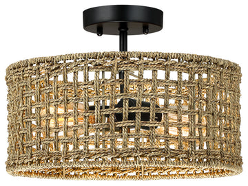 14" W 2-Light Rattan Drum Semi-Flush Mount Ceiling Light