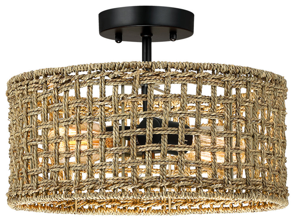 14" W 2-Light Rattan Drum Semi-Flush Mount Ceiling Light