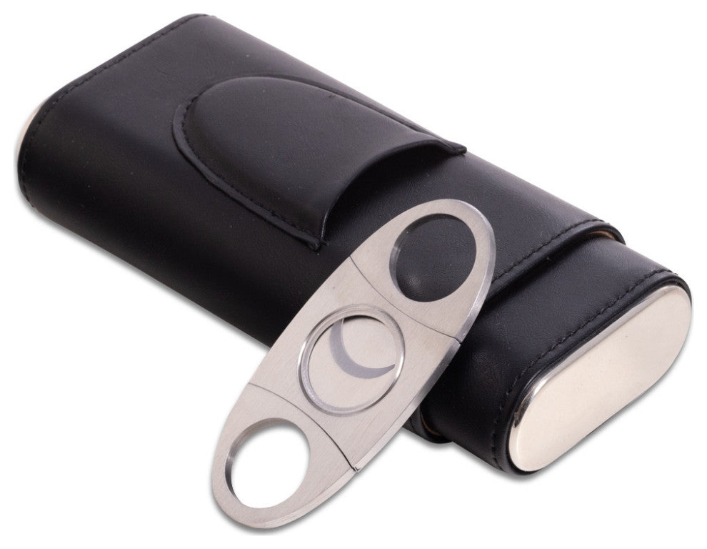Black Leather 3 Cigar Holder, Stainless Steel Cutter