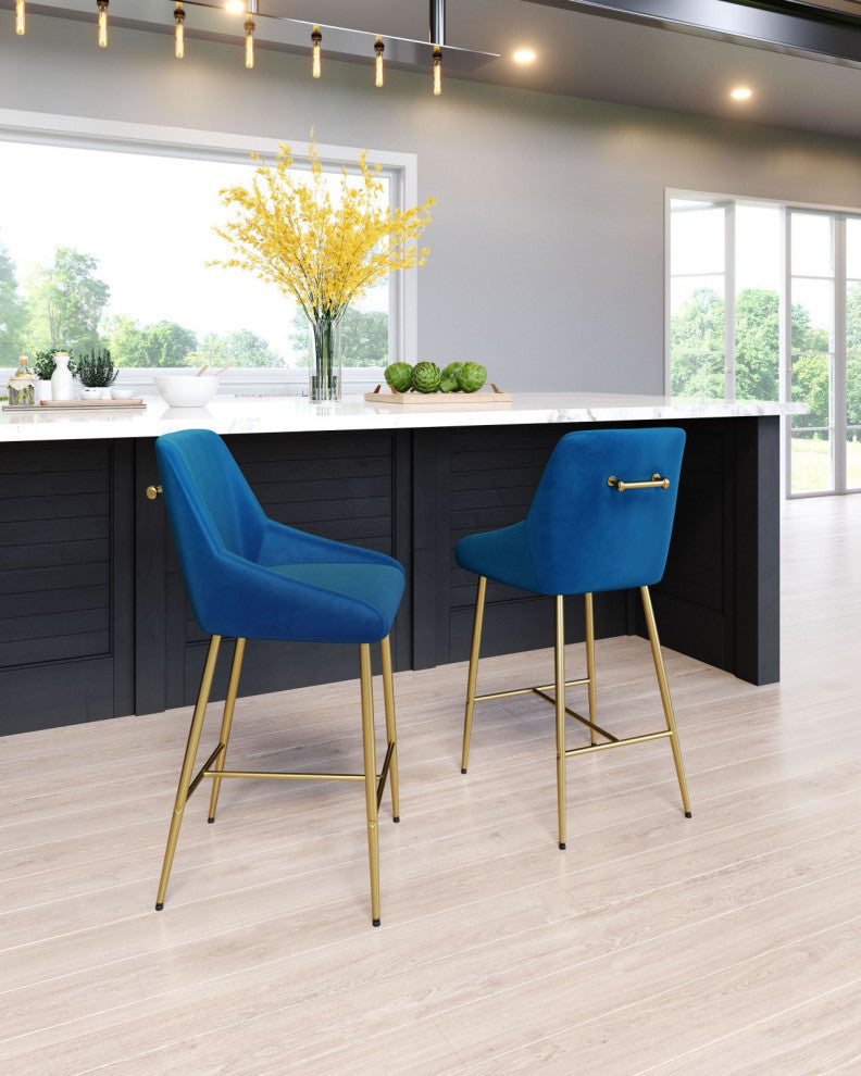 Counter Stool Chair, Steel Metal, Fabric, Navy, Gold, Bar Kitchen Cafe Bistro