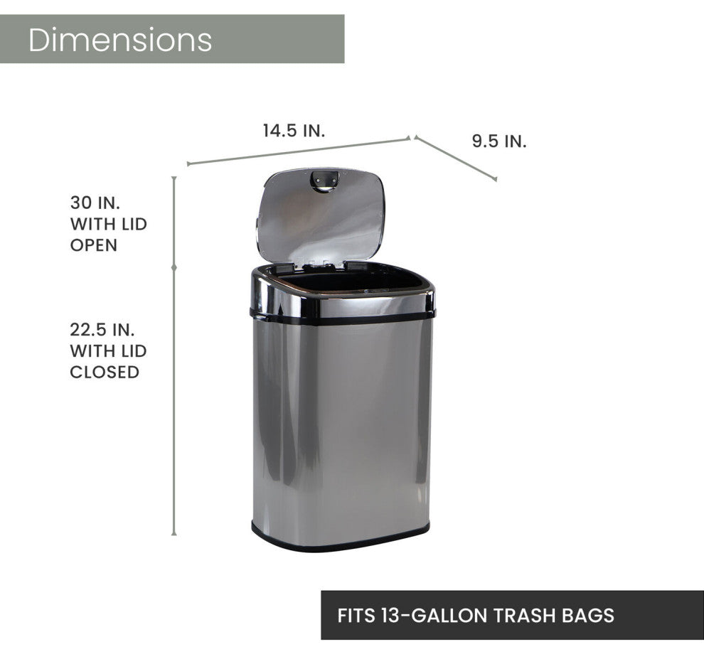 50-Liter / 13.2-Gallon Trash Can With Sensor Lid, Mirrored Stainless Steel
