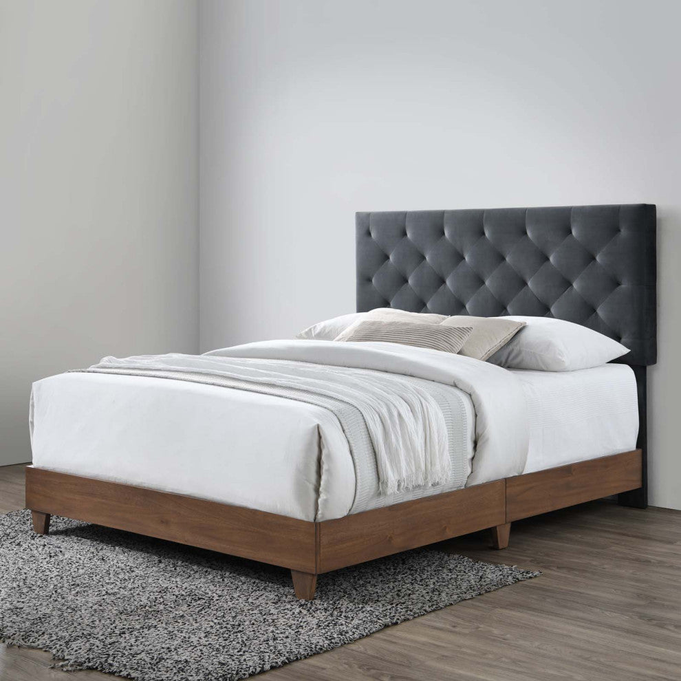 Rhiannon Diamond Tufted Upholstered Performance Velvet Queen Bed-Walnut Charcoal