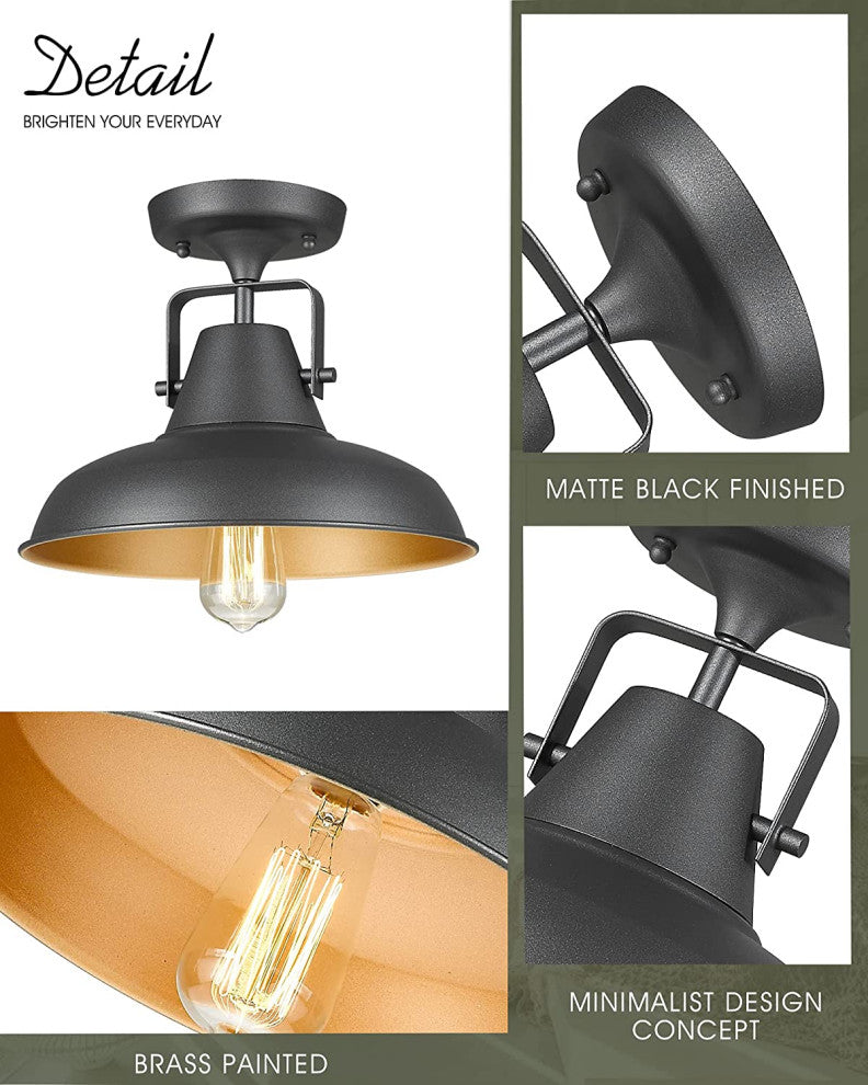 Industrial Semi Flush Mount Light Fixture, Farmhouse, Black