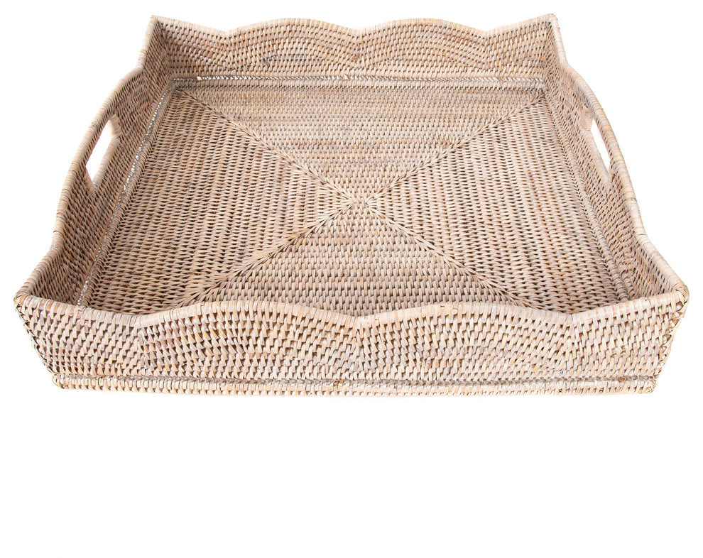 Artifacts Rattan™ Scallop Collection Square Tray With Cutout Handles, White Wash, 20"x20"x4.5"