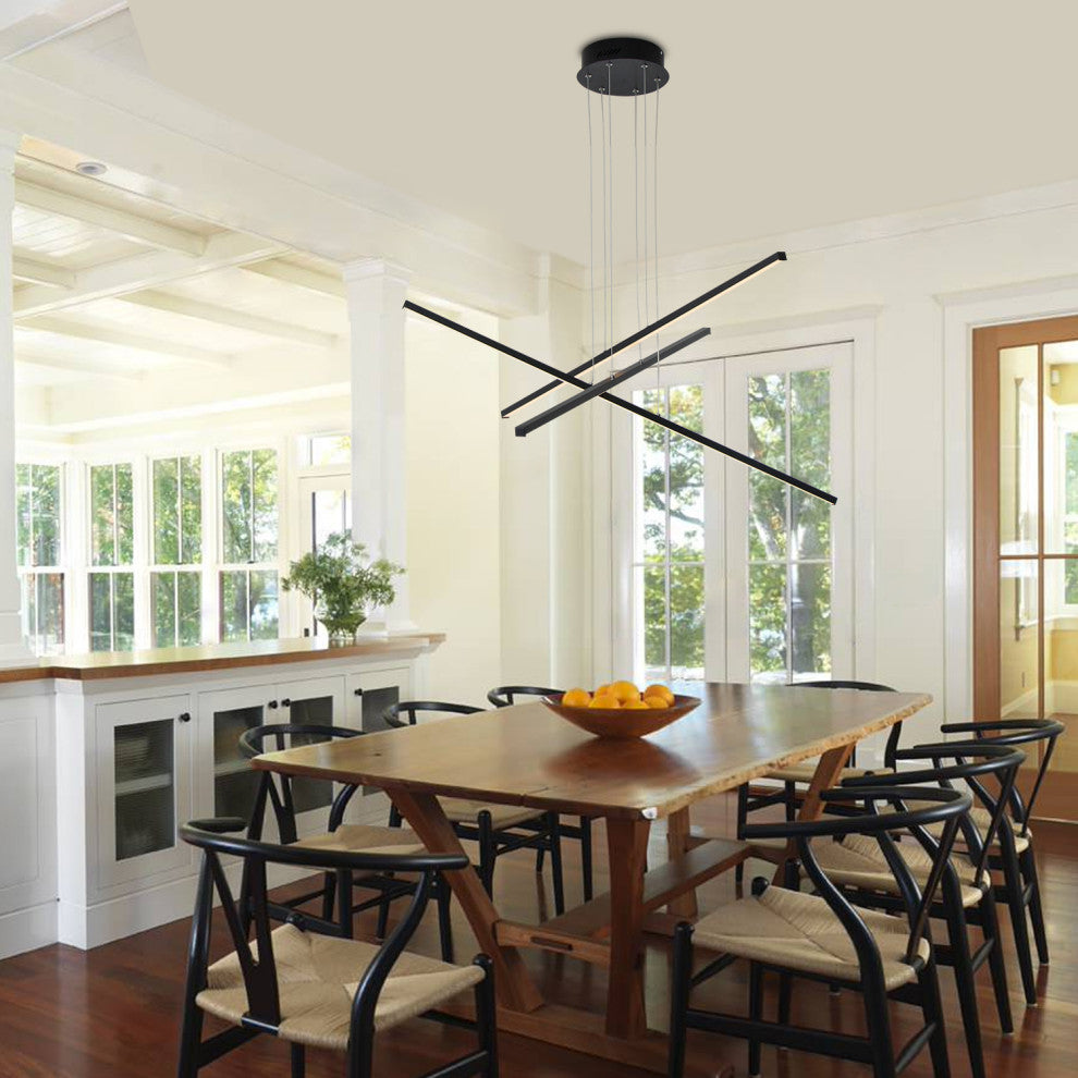 LED Modern Line Pendant Light Dimming, Remote, Aluminum Light, Black, 3 Lights