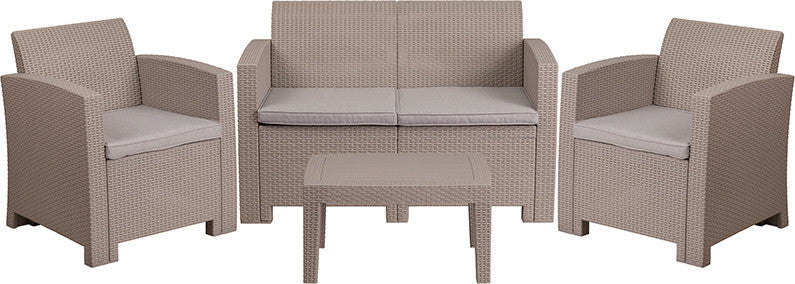 4 Piece Outdoor Faux Rattan Chair, Loveseat and Table Set, Light Gray
