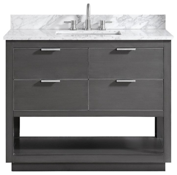Avanity Allie 43 In. Vanity, Twilight Gray/ Silver, Natural 1" Carrara White Marble Countertop and Backsplash